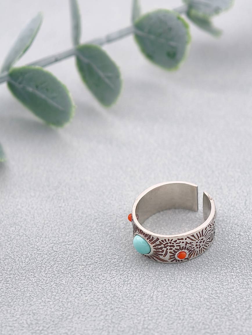 Natural Turquoise With Red Coral Vintage Style Ring image