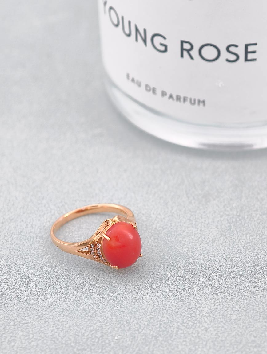 Natural Red Coral Diamond Simple Ring image