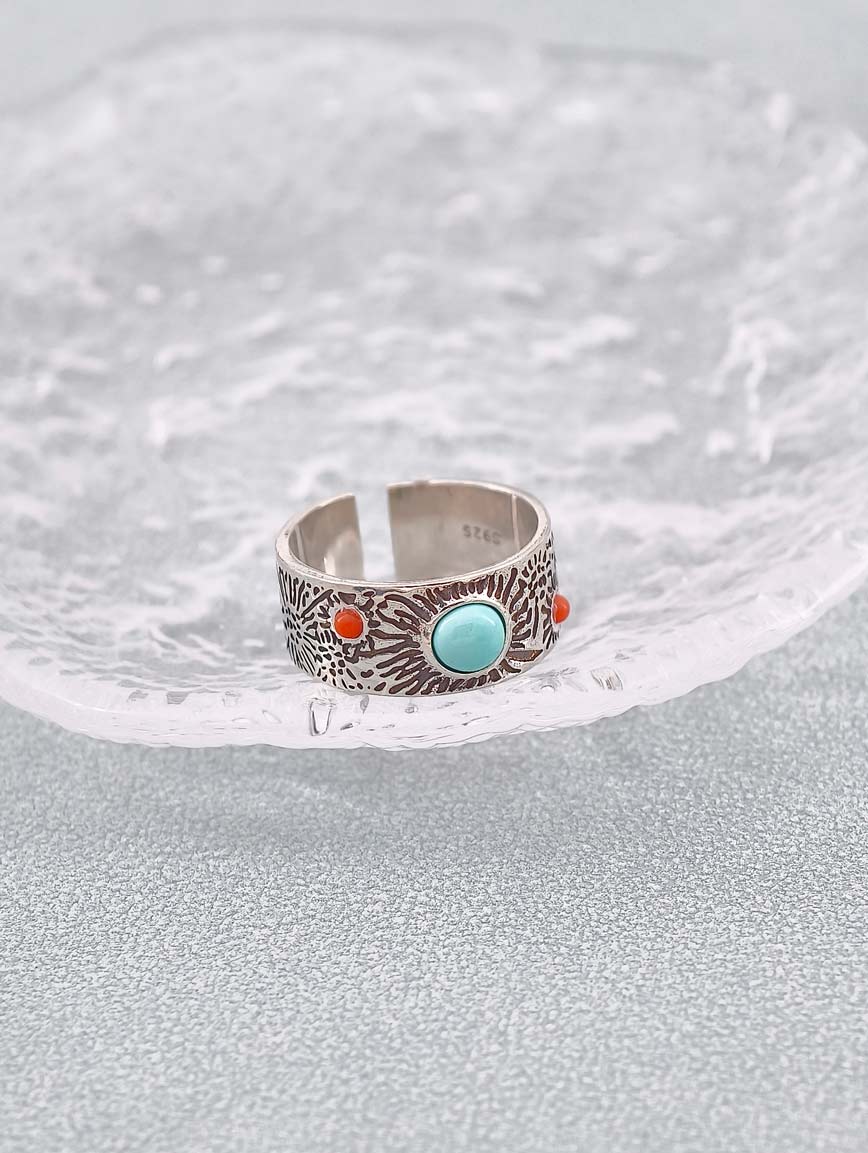 Natural Turquoise With Red Coral Vintage Style Ring image