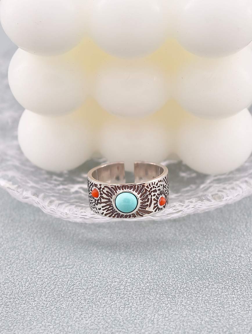 Natural Turquoise With Red Coral Vintage Style Ring image