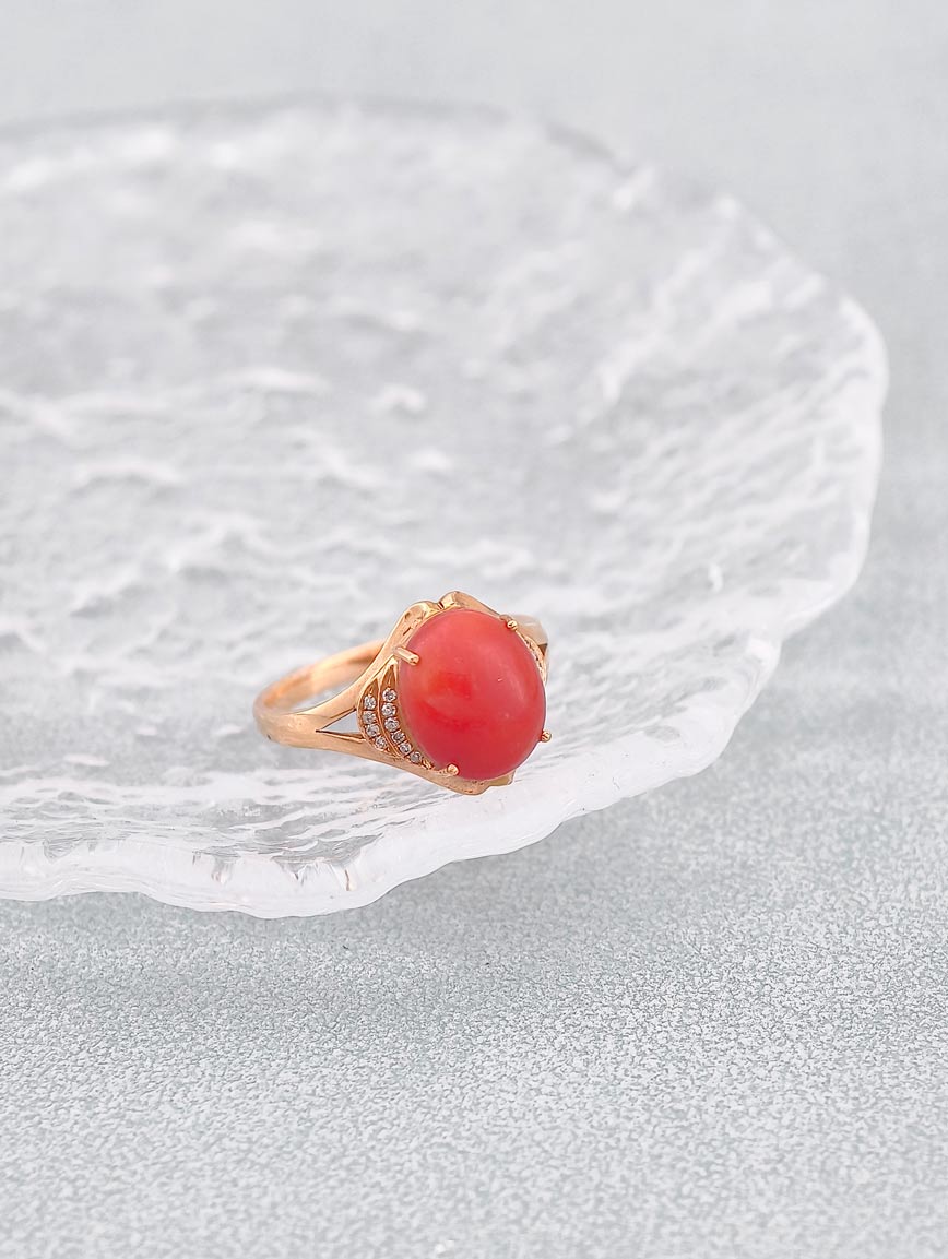 Natural Red Coral Diamond Simple Ring image