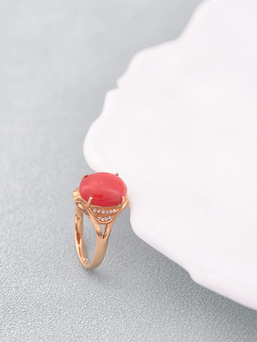 Natural Red Coral Diamond Simple Ring image