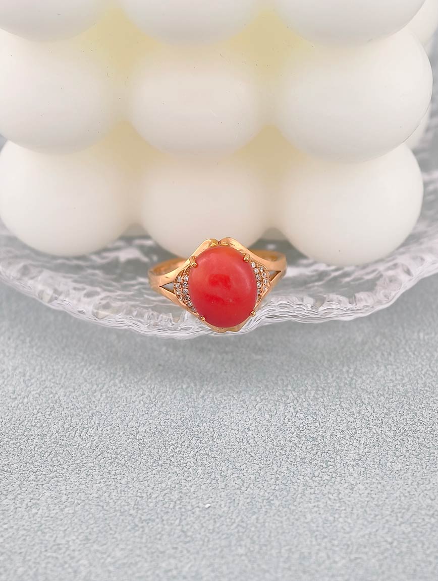 Natural Red Coral Diamond Simple Ring image