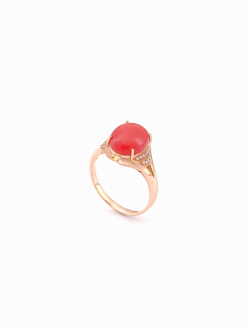 Natural Red Coral Diamond Simple Ring