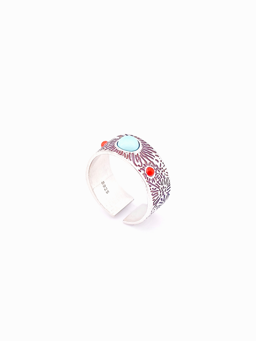 Natural Turquoise With Red Coral Vintage Style Ring