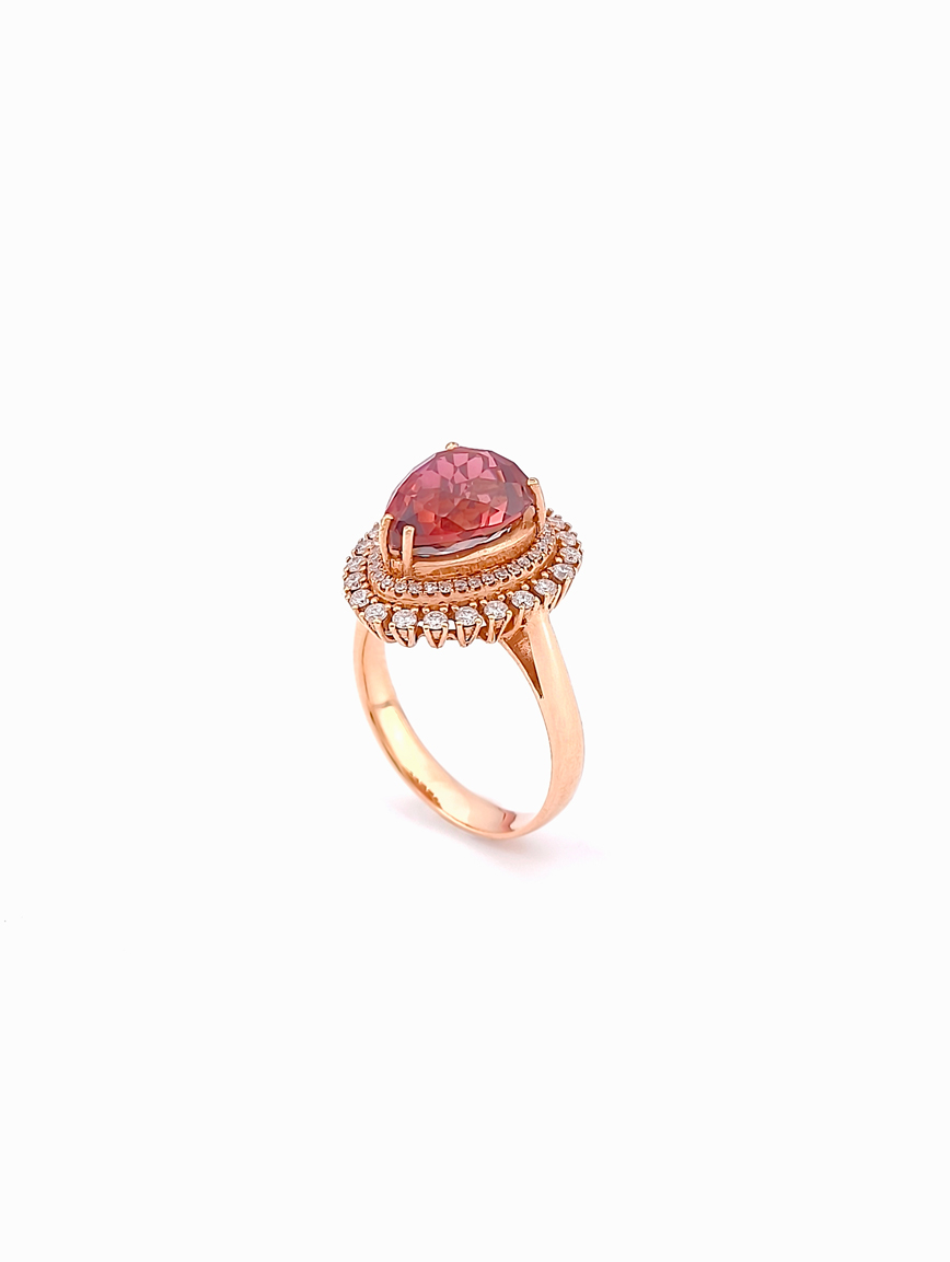 18k Gold Inlaid Drop-Shaped Red Tourmaline Ring